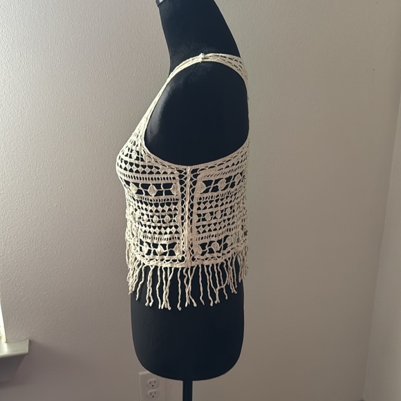Denim & Supply Ralph Lauren Fringe crochet cropped ivory top Sz S/P - Picture 4 of 8